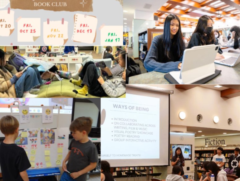 Students collaborating in a library space